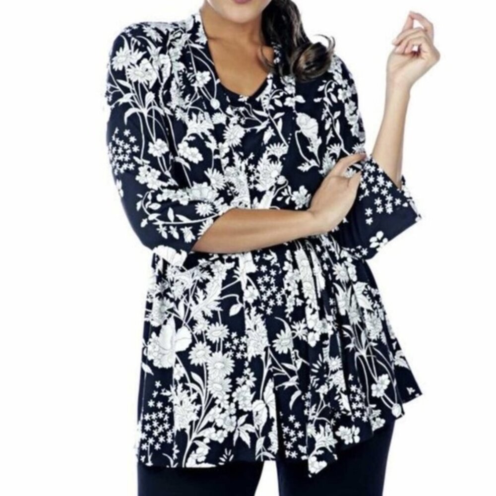 New Kim & Co Black & White Lightweight Floral Belted Cardigan Size Large Bin 3D
